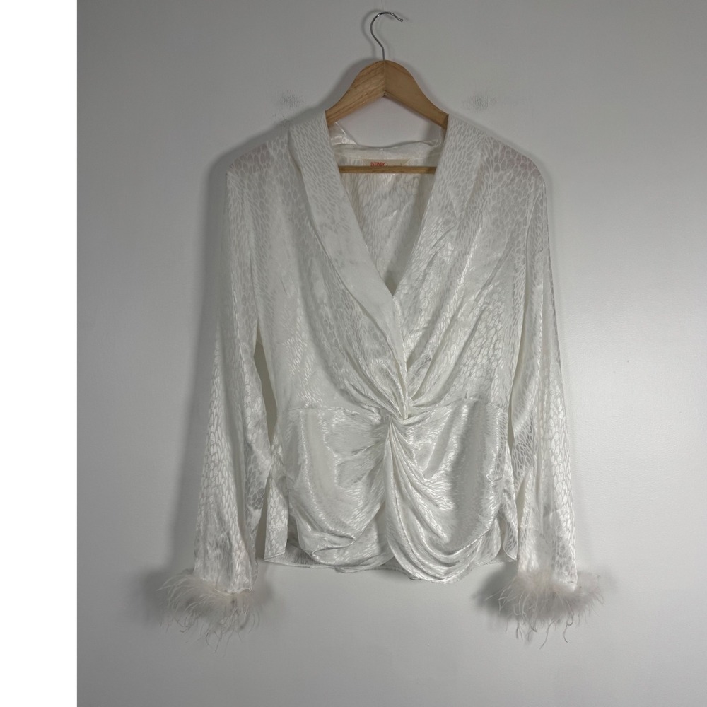Glam Intempo Women Large Blouse White Jacquard Feather Cuff Twist Front Top